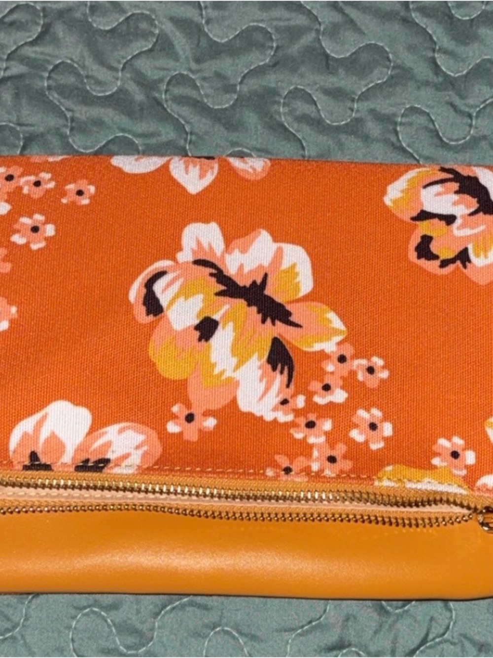 Orange Floral Fold-Over Clutch with Gold Zipper